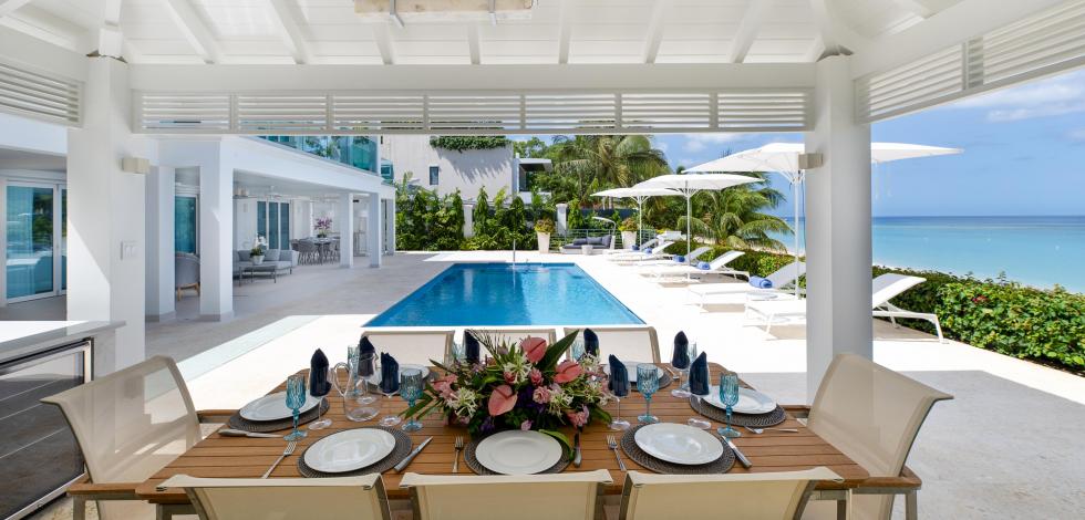 Blue Oyster Villa Barbados For Sale Covered Dining With Ocean and Pool View