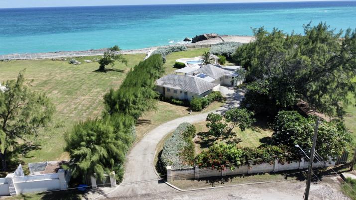 Paradise Point Oceanfront Home For Sale In Barbados Aerial Of Driveway and Property
