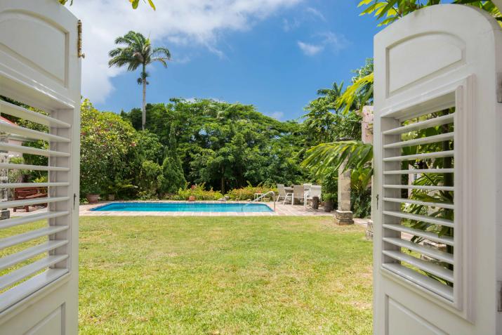 Clifton Hall Barbados For Sale View From Kitchen of Pool and Gardens