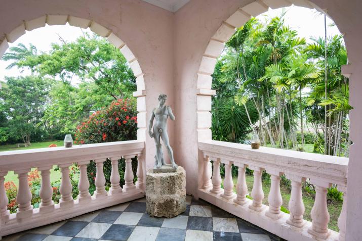 Clifton Hall Barbados For Sale Patio With Statue