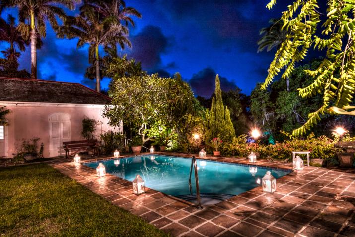 Clifton Hall Barbados For Sale Night Shot of Pool and House