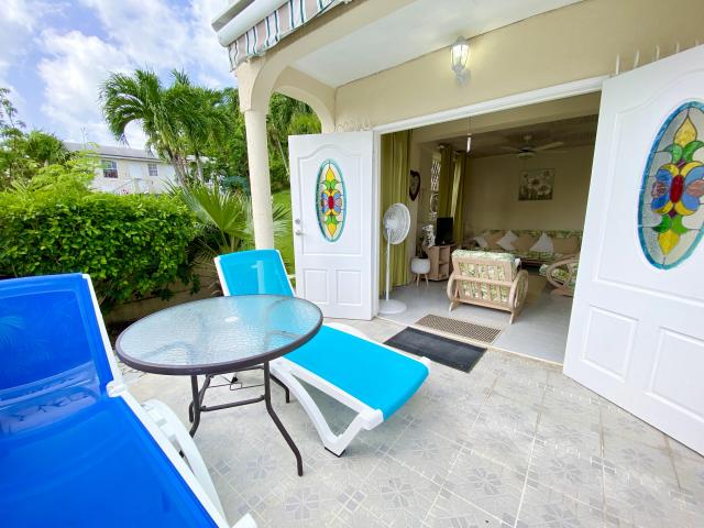 146 Heywoods Barbados Double Apartment For Sale Downstairs Patio with Sun Loungers