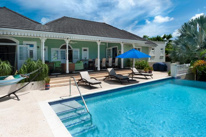Villa Irene 4 Bedroom Home For Sale In Barbados Outdoor Pool Deck with Loungers