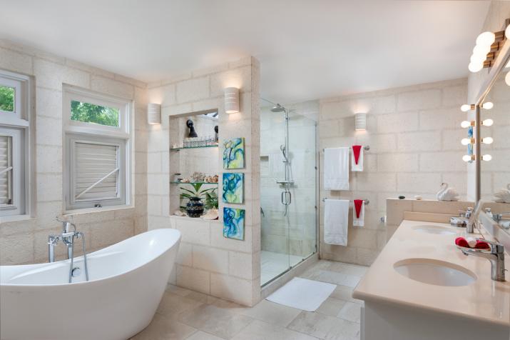 Villa Irene 4 Bedroom Home For Sale In Barbados Master Bathroom with Tub and Glass Enclosed Shower