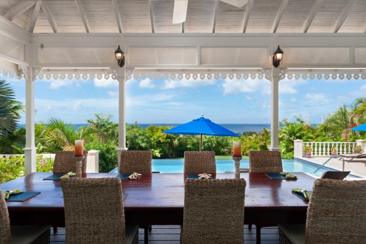 Villa Irene 4 Bedroom Home For Sale In Barbados Covered Patio and Dining Table with Ocean View