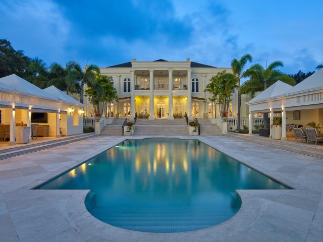 For Sale The Ridge Estate Barbados Swimming Pool and Deck at Dusk